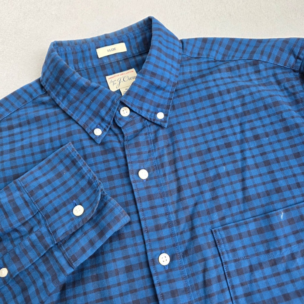 J.Crew Mens Slim American Pima Cotton Gingham Button Down Shirt Blue Medium